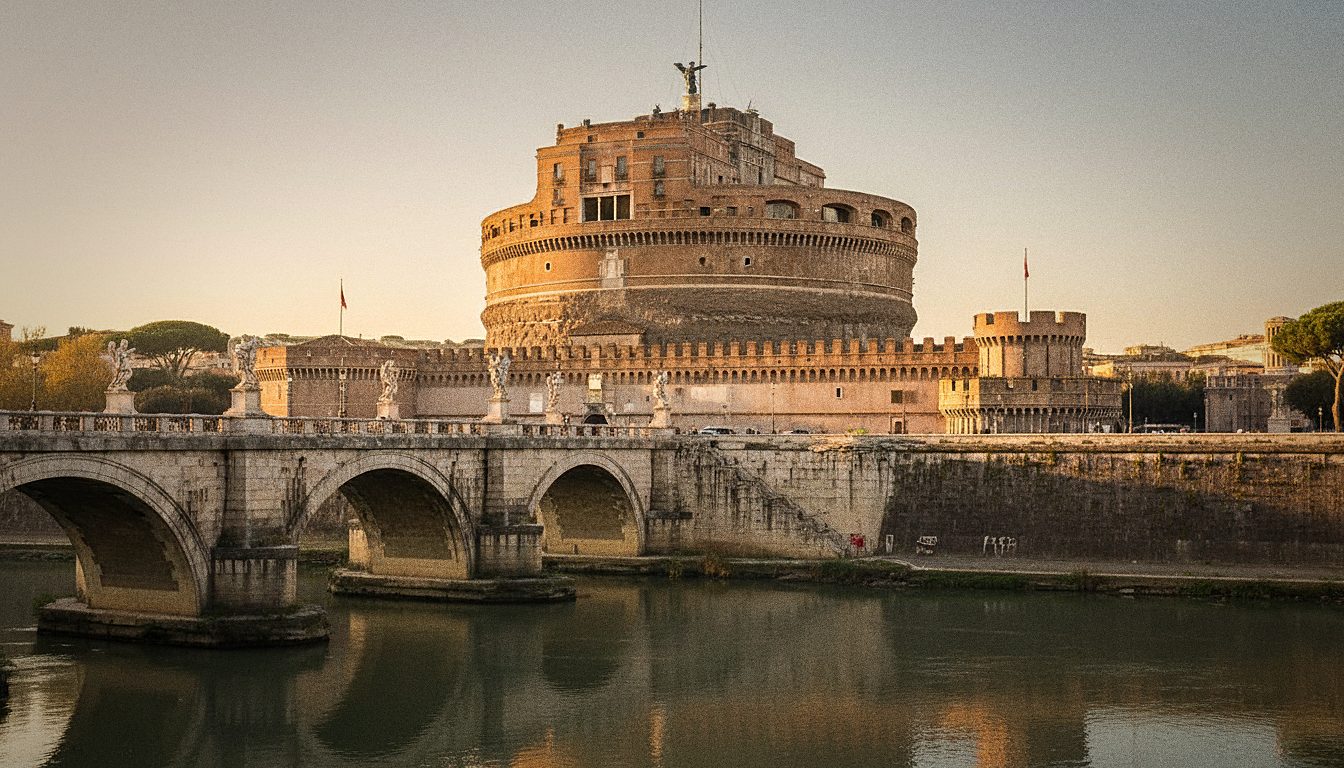 Le Château Saint-Ange de Rome vu depuis le Tibre, avec le pont des anges au premier plan
